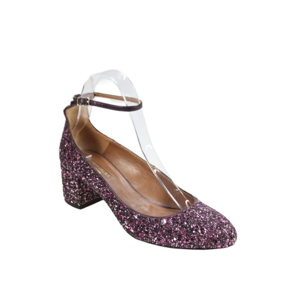 Aquazzura Womens Block Heel Leather Glitter Ankle Strap Pumps Purple Size 36